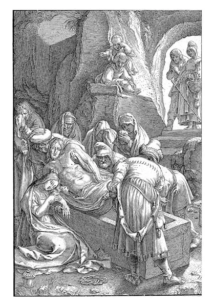 Chrystus Jest Umieszczony Grobowcu Jaskini Przez Wielu Ludzi Maria Apostoł — Zdjęcie stockowe