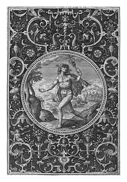 Медальон Гротескной Рамке Трубным Ангелом Нижнем Левом Нижнем Правом Углу — стоковое фото
