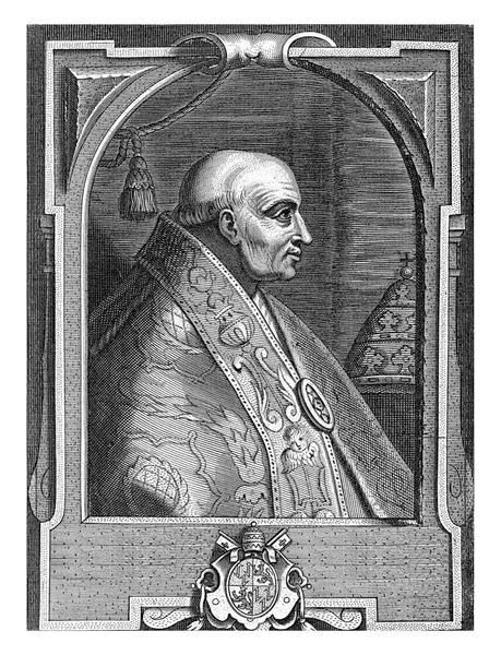 アドリアン6世の胸像 背景には 教皇ティアラ 人物の腕のコートが描かれた円弧状のフレームに囲まれ ラテン語で2行のキャプションが付けられています — ストック写真