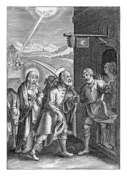 约瑟夫和玛丽在客栈被拒之门外 西奥多盖尔 1581 1633年 约瑟夫和玛丽在客栈被拒之门外 而客栈则刻有古董字 — 图库照片