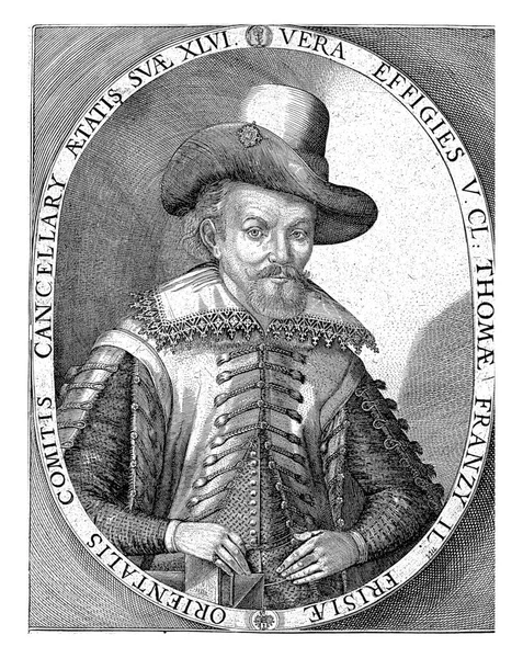 トーマス フランジウスの肖像画で 楕円形にエッジの文字で 肖像画の下にはドミニクス バウウスのラテン語の詩がある — ストック写真