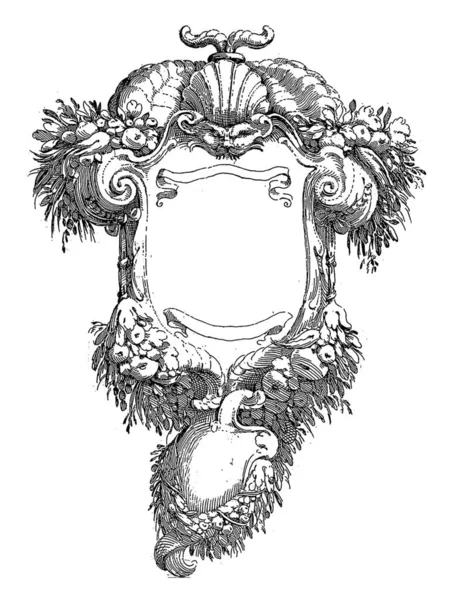 Cartouche Crowned Mask Shell Shaped Headgear Two Cornucopias Bottom Hangs — Stock Photo, Image