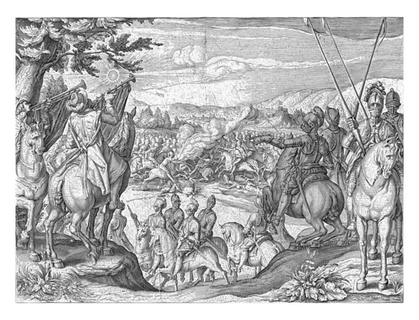 要塞の近くでの騎兵戦 左側の前景には2人のトランペット奏者 右側には2人の指揮者がいた 中期計画では多くの騎兵隊長が — ストック写真