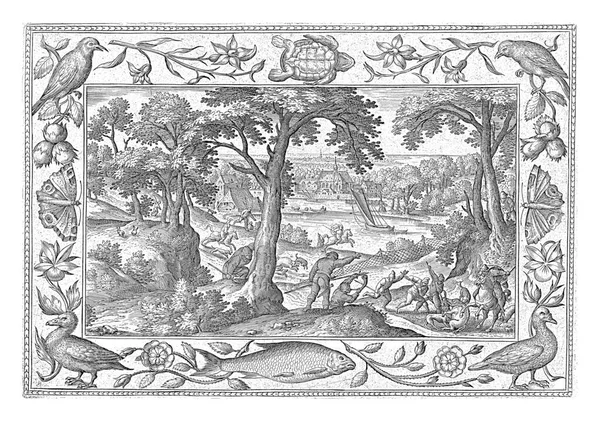 森林景观与野猪狩猎 在前景中 野猪被狗袭击 猎人刺伤 这个版画有一个摆满鲜花和动物的装饰性框架 — 图库照片