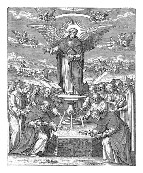 Thomas Aquinas Dominikańskim Zwyczaju Stoi Fontannie Skrzydła Trzyma Książkę Pióra — Zdjęcie stockowe