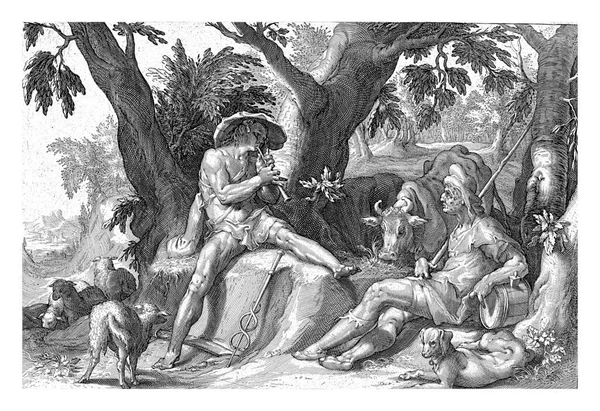 水星为百眼阿格斯吹奏长笛 阿格斯在朱诺的命令下守护着奶牛木卫一 — 图库照片