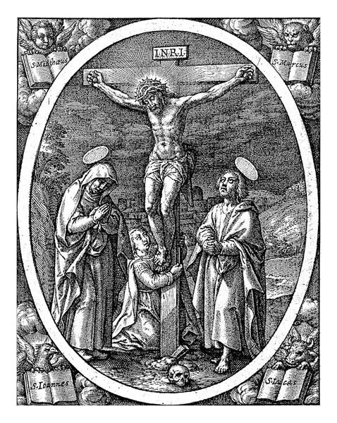 Распятие Христа Голгофе Мария Магдалина Скорбит Крестом Мария Слева Йоханнес — стоковое фото