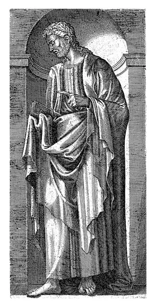 Апостол Томас Стоїть Ніші Книгою Одній Руці Вказує Іншою Рукою — стокове фото
