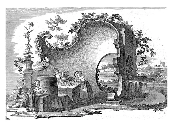 ファンタジーコーヒーとしてシリーズタイトルを持つロカイユの装飾と4人の人物と茶店 — ストック写真