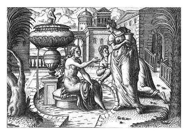 Bathing Susanna Abraham Bruyn 1570 Susanna 가장자리에 목욕하고 그녀는 하녀에게 — 스톡 사진