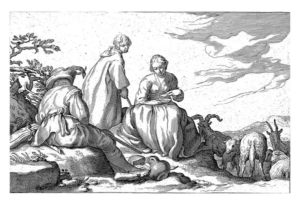 3人の羊飼いの残りの部分を食べる 女性は石の上に座り スプーンを手に ボウルを膝の上に置いている 床にはパンとジャグのパンが置かれていて 若い男が羊を見ている — ストック写真
