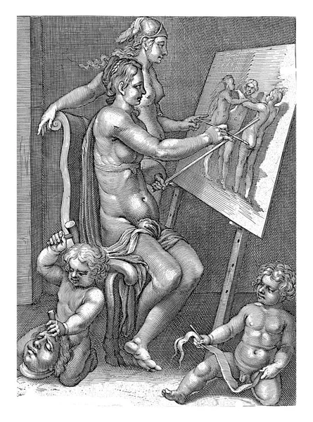 ほぼ裸の女性として表現された絵画の個性は イーゼルの後ろに位置し 3つの猶予を描写しています — ストック写真