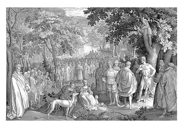 森林景观 前面的右边是施洗者约翰在一棵树下 他向一大群人说教 — 图库照片