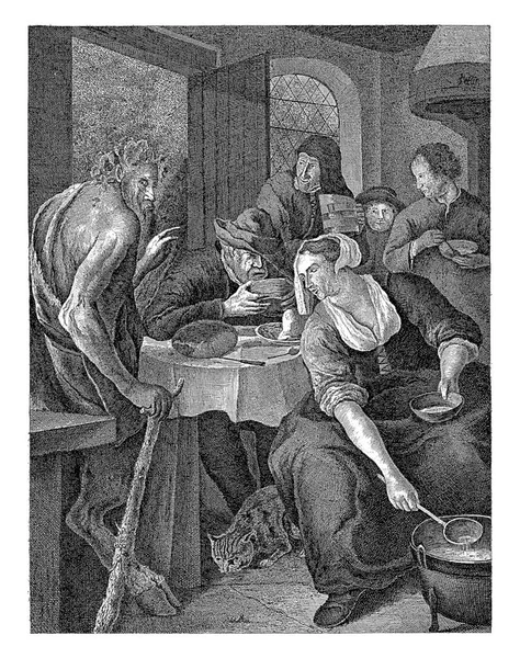 左边是一个撒旦 坐在桌前 右手拿着棍子 在右边 他的妻子倒汤 农夫正坐在桌旁喝汤 — 图库照片