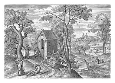 Yaz manzaralı yaz manzarası. Temmuz ayı çim biçme ya da haylama ayıdır. Ön planda, çiftçiler dinleniyor ve tırpanlarını biliyor..