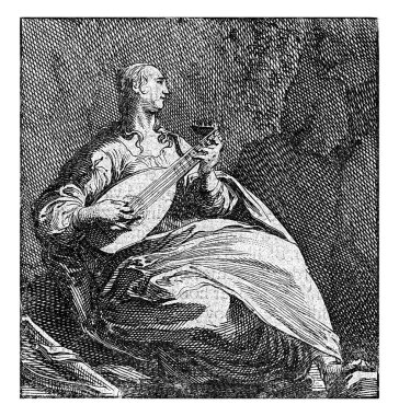 Oturan Terpsichore, şarkı ve dansın ilham perisi, lavta çalar. Ayaklarının solunda bir Lir ve bir kitap var..