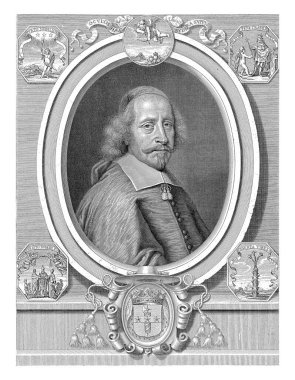 Portrait of Cardinal Jules Mazarin. Below the portrait are coat of arms surmounted by a bishop's hat with twelve tassels. Above the portrait and in the corners emblems with mottos. clipart