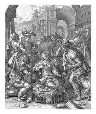 Çobanlar ahıra gider ve İsa 'nın çocuğunu ahırda karşılarlar. Arka planda eski bir harabe var. Parmak izi beş bölümlük bir serinin parçası..