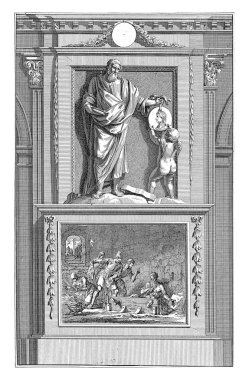 Kilise Papazı Origen, Jan Luyken, Jan Goeree 'den sonra, 1698 Kilise Peder Origen bir meleğe bir madalyon gösteriyor. Origen, ön tarafında şehitliği resmedilmiş bir kaidede duruyor..