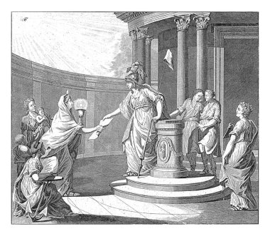 Roma Katolik dinini diğer mezheplerle bir tutma alegorisi. Ortasında, mızrağın ucunda Phrygian şapkasıyla sunağın yanındaki tapınağın merdivenlerinde duran Hollanda bakiresi var.