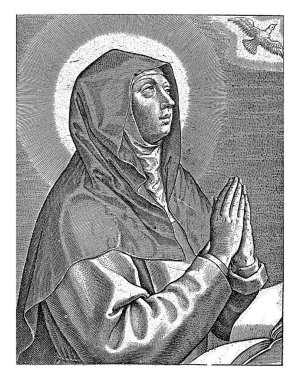 Saint Scholastica, yarım boy sağda, katlanmış ellerle dua ediyor. Kutsal Ruh 'un sembolü olarak güvercinin sağında. Azizlerin resimlerinin olduğu 15 parmak izinden parmak izi..