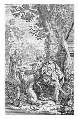 Genç Ezop bir ağacın altında oturuyor. Etrafı hayvanlarla çevrili ve masallarını yazıyor..