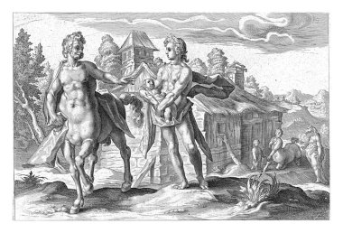 Apollo gives his child Asclepius, which he cut from Coronis' belly after shooting her, to the centaur Chiron. clipart