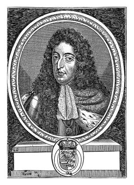 III. William 'ın defne yapraklarının oval kısmında Fransızca tarih ve olaylar içeren portresi. Üst orta sahada iki putti, üzerinde madalya olan bir bez tutuyorlar..