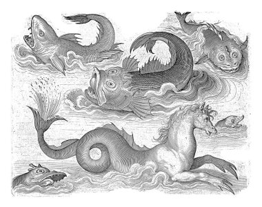 Hayvanları tanımlayan Latince ve Hollandaca yazıtlı deniz atı da dahil olmak üzere fantastik su hayvanları..