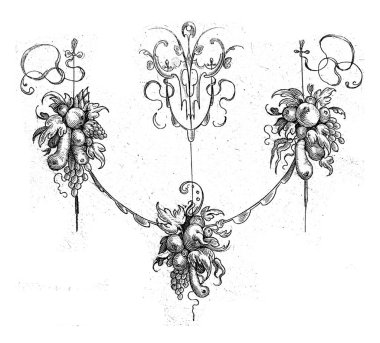 14 sayfalık bir seriden oluşan çarşaf. Üzerinde fincanların filizlerden, Schweifwerk 'ten, putti' den, hayvanlardan, kuşlardan ve maskelerden oluşan üçgenler şeklinde oymalı dekoratif kenarları için örnekler var..