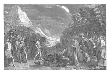 İbrahim ve Melchisedek 'in Salem' de buluşması. İbrahim, onu kutsayan Kral ve Başrahip Melchizedek 'in önünde diz çöker..