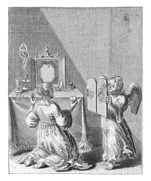 여자가 무릎을 심장을 하나님 께바친다 그녀는 보석으로 장식된 드레싱 테이블로 — 스톡 사진
