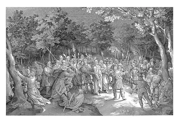예수의 제자들은 겟세마네 동산에 예수의 키스한다 군인들 그를둘러싸고 — 스톡 사진