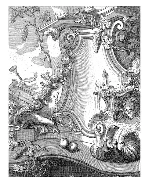 Fontanna Ozdobami Rocaille Głową Lwa Otoczona Winoroślami Wazonami Owocami Girlandą — Zdjęcie stockowe