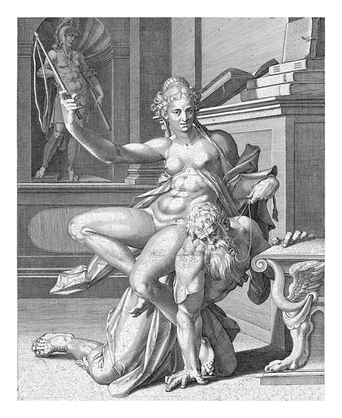 古いアリストテレスは地面に膝を這う 若い裸のフィリスは彼の背中に座っており 彼女がアリストテレスに置いた歯の毛を左手で保持しています — ストック写真