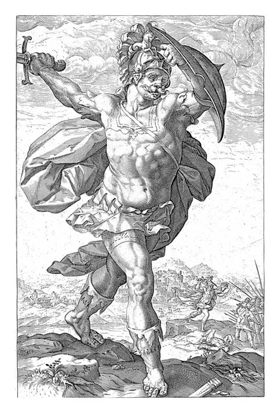 英雄ホレス コックルス全長 右手に上げられた剣 左側の盾 — ストック写真