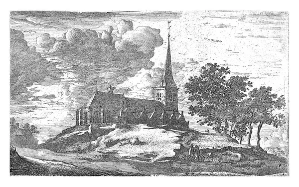 丘の上に位置する村Nederhorst Den Bergの教会の眺め 村の左側と教会の屋根の上にコウノトリの巣 — ストック写真