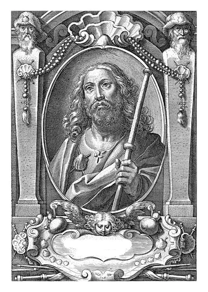 Apoštol Jakub Veliký Jakobus Maior Poutnickým Štábem Rámu Architektonickými Ornamenty — Stock fotografie