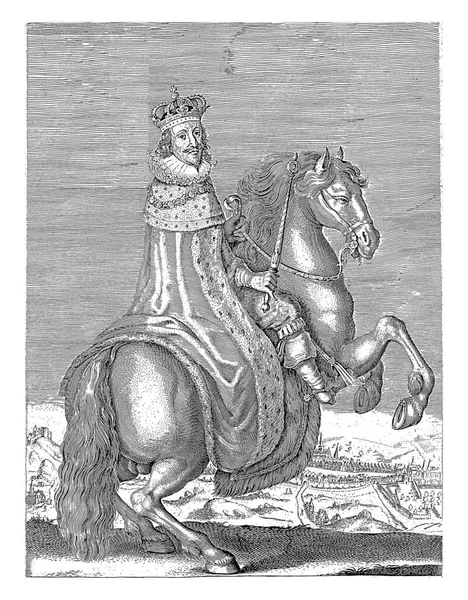 英格兰国王查理一世的马术肖像 头戴皇冠 手里拿着权杖 身穿皇家斗篷 背景是爱丁堡的一个城镇 — 图库照片