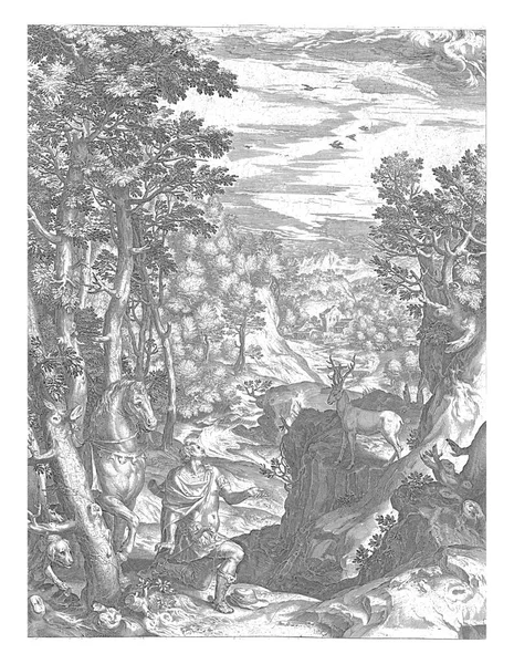 尤斯达奇斯出现在森林的路上 一只鹿角上钉着十字架 Eustachius穿着罗马士兵的衣服 他下了马 跪在鹿前敬拜 — 图库照片