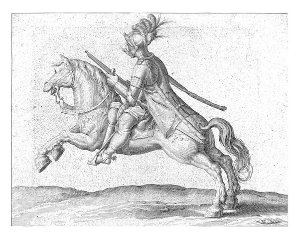 Opancerzony Człowiek Koniu Jadący Lewo Harquebus Lekki Karabin Rękach — Zdjęcie stockowe