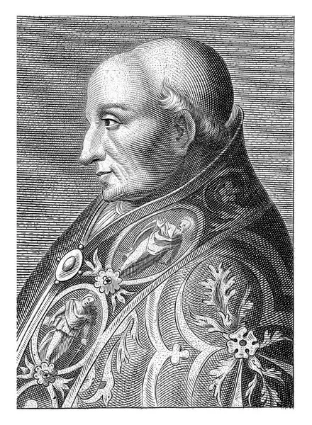 阿德里安六世教皇穿着华丽装饰的斗篷的肖像半身像 在演出的下面是八行荷兰语诗 — 图库照片