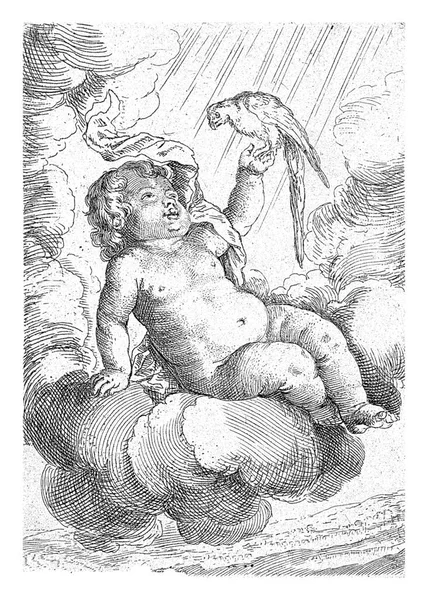 一个赤身裸体的男孩坐在云彩上 手里拿着一只鹦鹉 从描述四个元素的四个系列中打印出来的 — 图库照片