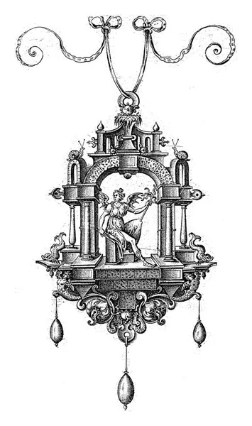 彼女の手に剣と蛇の棒を持つ翼のある女性とペンダント ペンデロック ハンスCollaert 1555 1576 9枚のシートの一つ シリーズから12 — ストック写真