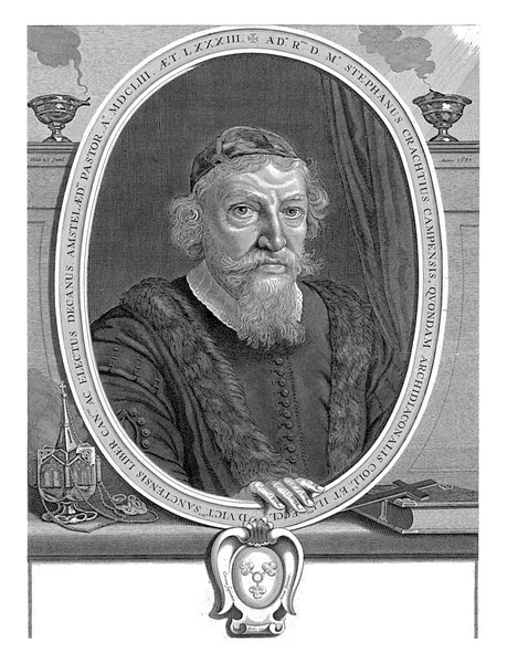Porträtt Amsterdams Teolog Stephan Crachtius Oval Bredvid Porträttet Bibel Och — Stockfoto