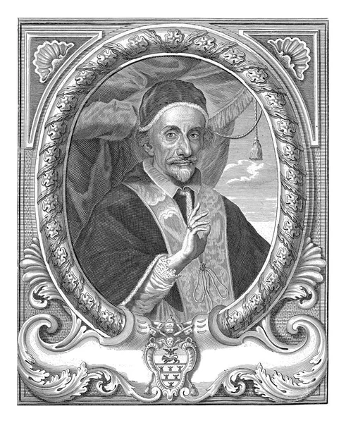 教皇英诺森十一世椭圆形画框中的肖像 向右猛击 底部中央是一辆带有英诺森十一世纹章的手推车 — 图库照片
