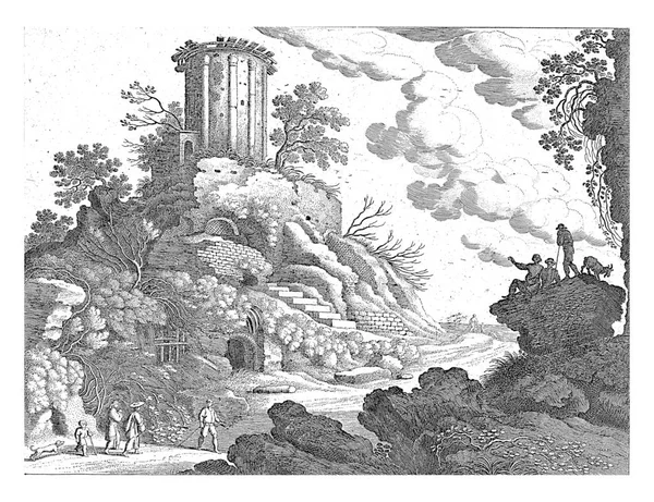 Włoski Krajobraz Lewej Wzgórzu Ruiny Okrągłej Świątyni Prawdopodobnie Świątyni Sybilla — Zdjęcie stockowe