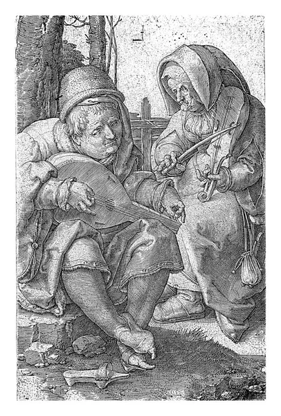 Couple Making Music Lucas Van Leyden 1524 Man Tuning Lute — Stock Photo, Image
