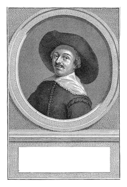 楕円形でヤン ファン ヘイデンの左にバスト 肖像画は 彼の名前と情報がオランダ語で3行にある台座に置かれています — ストック写真