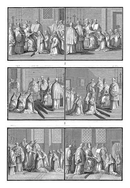 Nonnenweihe Bernard Picart Werkstatt Von 1722 Blatt Mit Sechs Darstellungen — Stockfoto